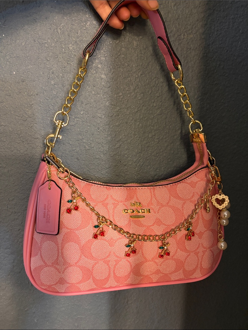 Coach Pink Signature Jacquard Shoulder Bag with Gold Chain and Cherry Charms